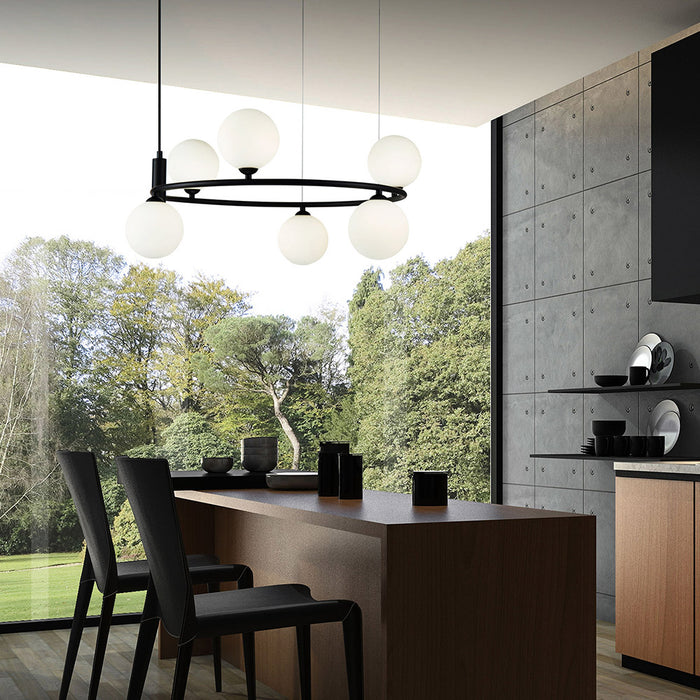 Lampadario Contemporaneo Ring Metallo Nero 6 Luci Diffusori Bianchi