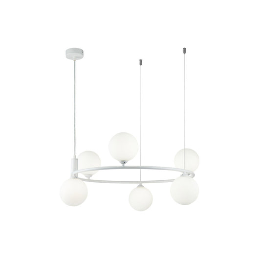 Lampadario Contemporaneo Ring Metallo Bianco 6 Luci E Diffusori Bianchi