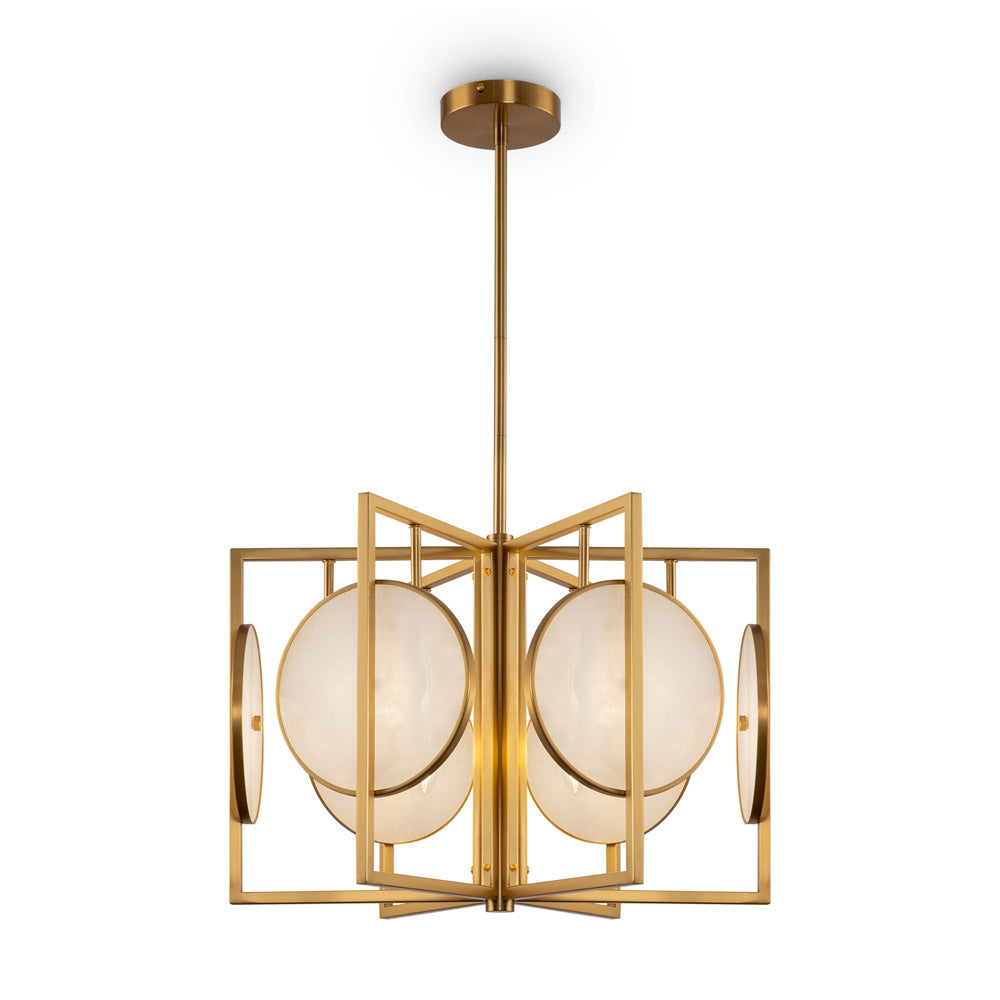 Lampadario Contemporaneo Marmo Metallo Oro 6 Luci Diffusori Bianchi