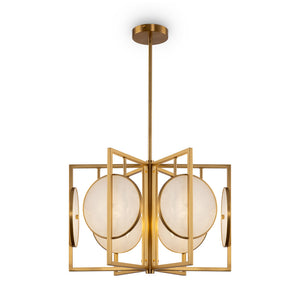 Lampadario Contemporaneo Marmo Metallo Oro 6 Luci Diffusori Bianchi