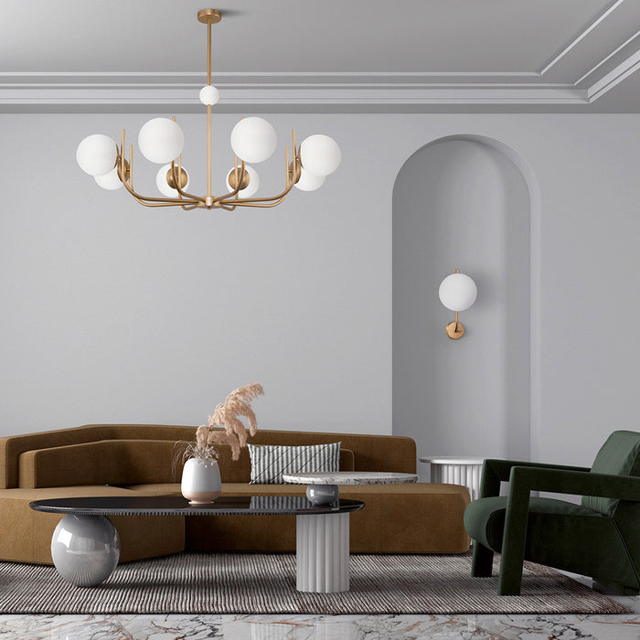 Lampadario Contemporaneo Rendez-Vous Metallo Ottone 8 Luci E Diffusori Bianchi