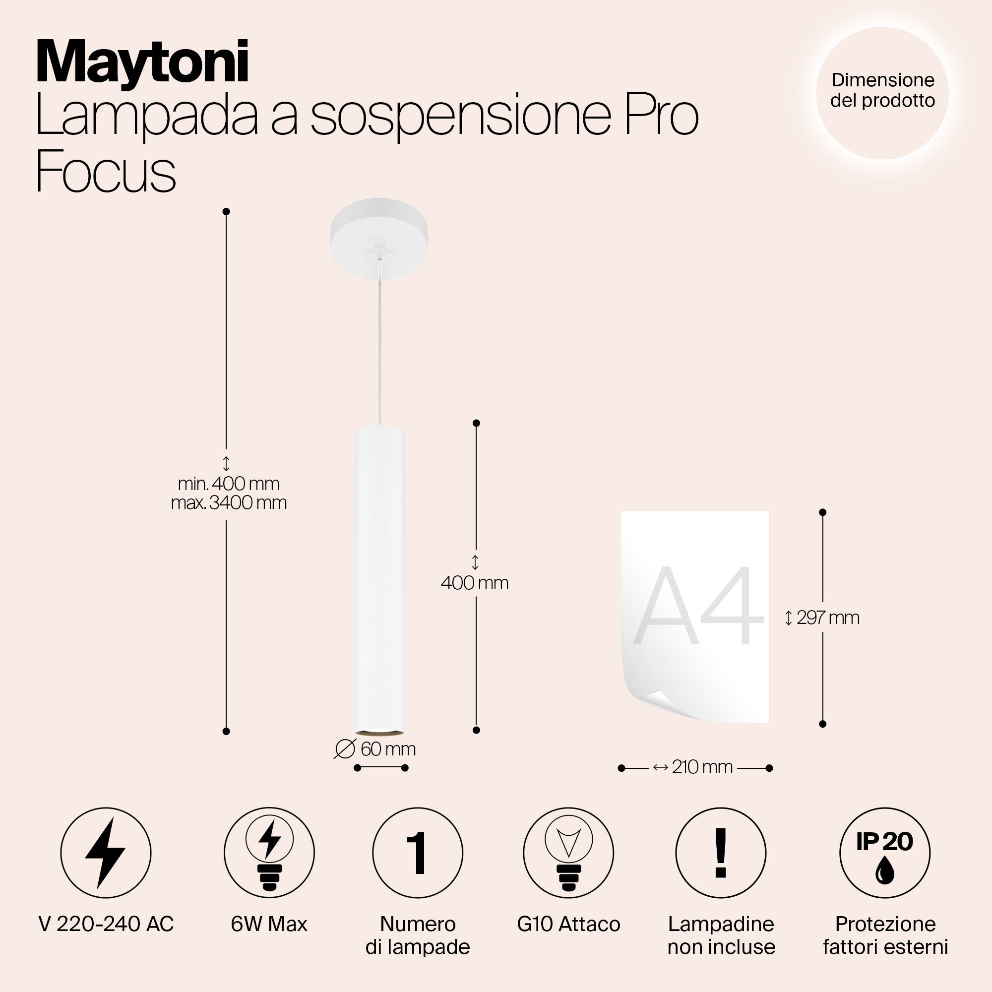 Lampada A Sospensione Moderno Pro Focus 1 Luce Gu10 6W Alluminio Bianco Ip20