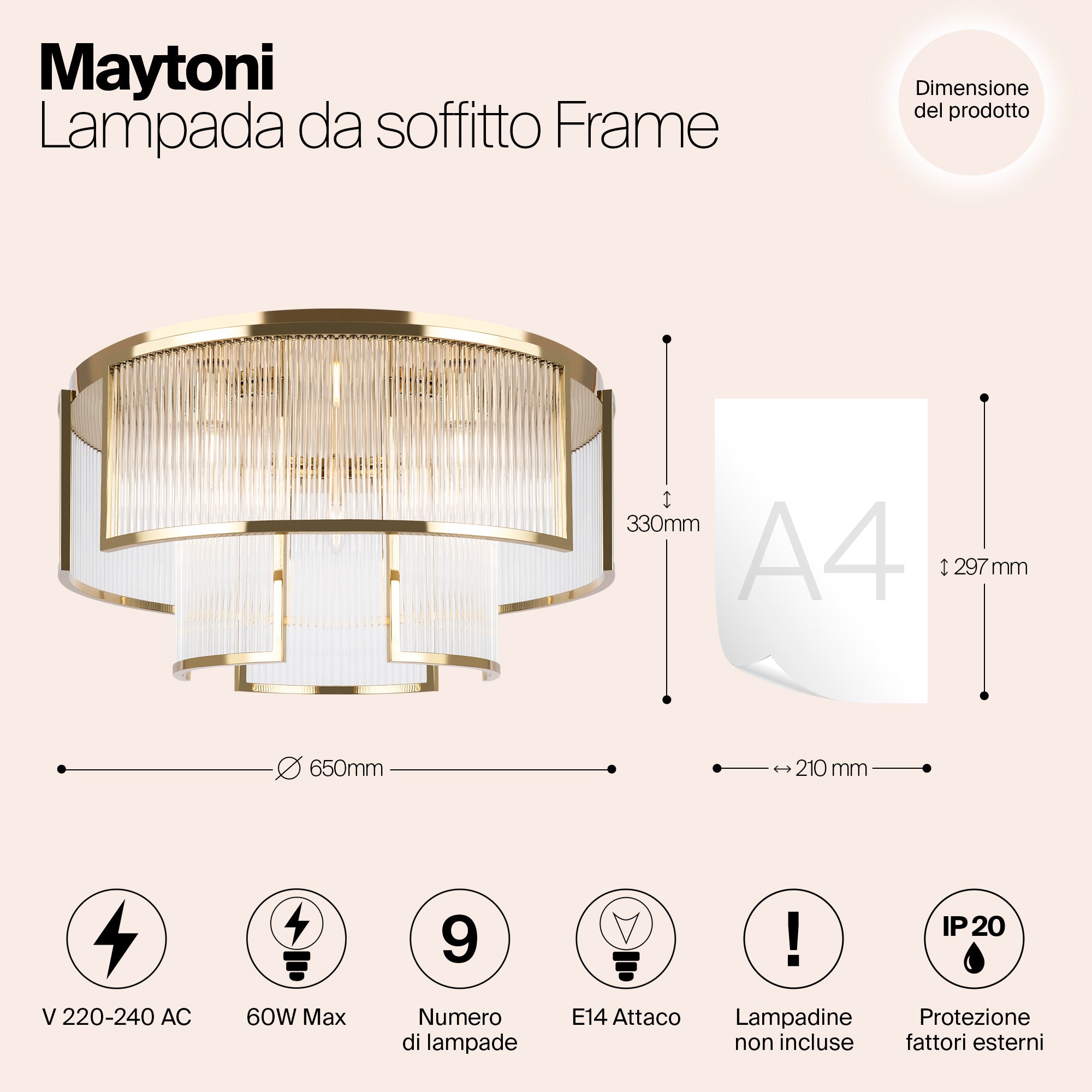 Plafoniera Moderna Frame 9 Luci E14 60W Metallo Oro Ip20