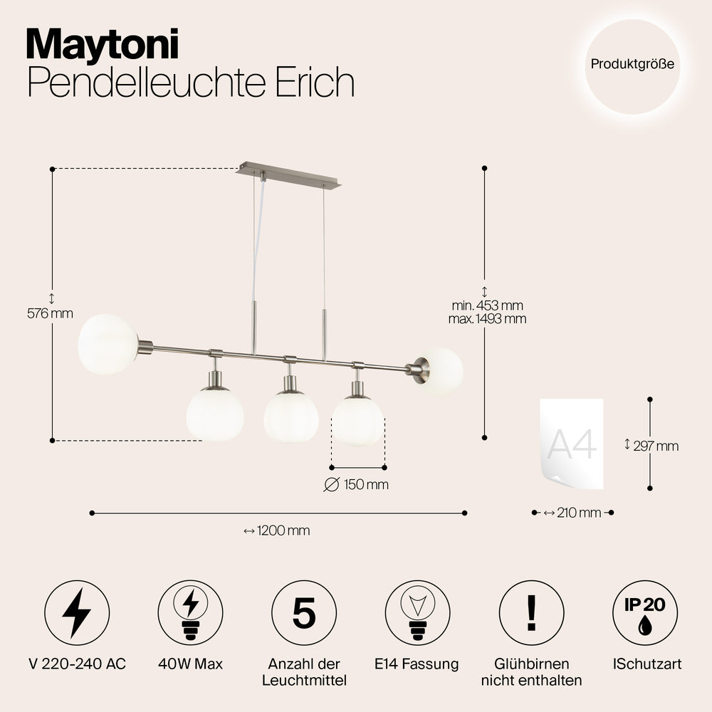 Lampadario Sospensione Erich Metallo Nichel 5 Luci Diffusori Bianchi