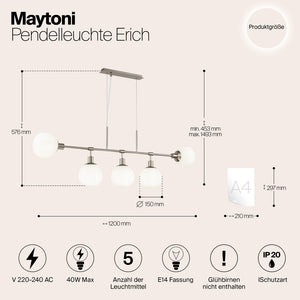 Lampadario Sospensione Erich Metallo Nichel 5 Luci Diffusori Bianchi