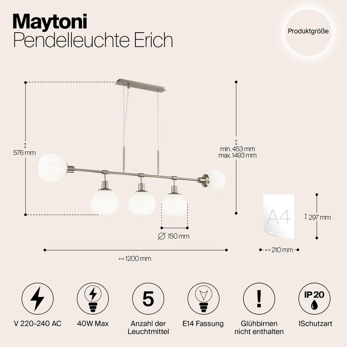 Lampadario Sospensione Erich Metallo Nichel 5 Luci Diffusori Bianchi