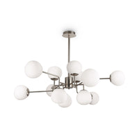 Lampadario Sospensione Erich In Metallo Nichel 12 Luci E Diffusori Bianchi