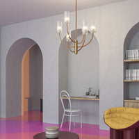 Lampadario Contemporaneo Arco Metallo Ottone 3 Luci Diffusori Vetro