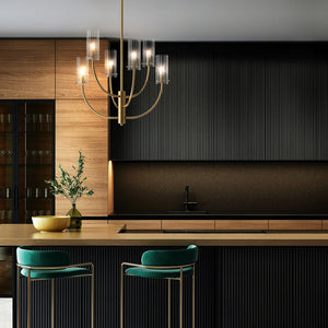 Lampadario Contemporaneo Arco Metallo Ottone 6 Luci Diffusori In Vetro