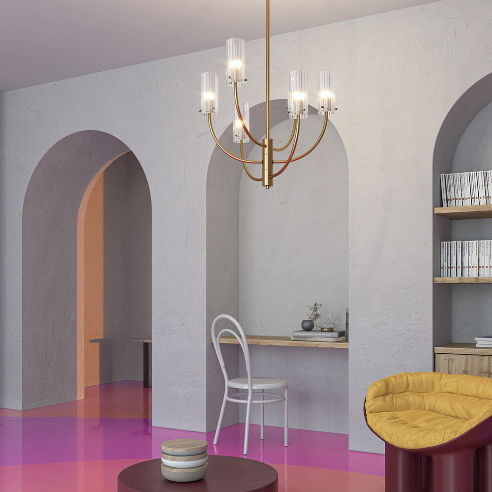 Lampadario Contemporaneo Arco Metallo Ottone 6 Luci Diffusori In Vetro