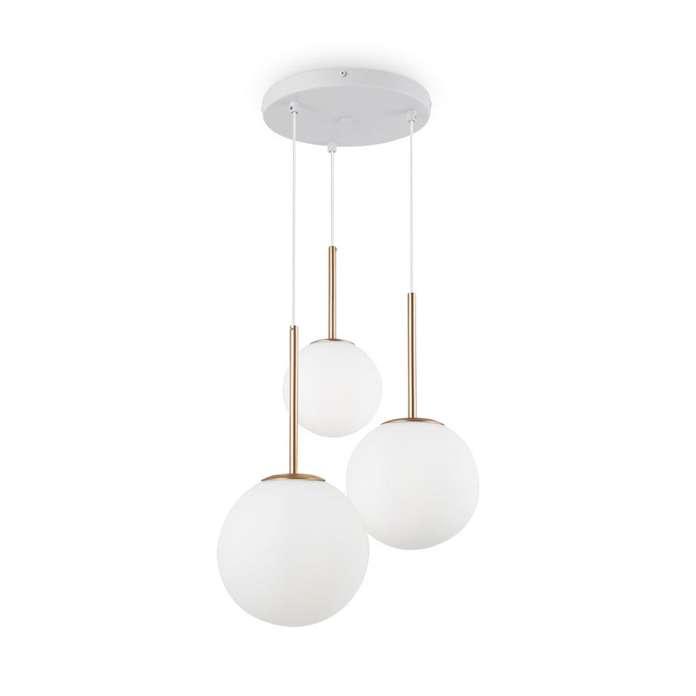 Lampadario Minimal Basic Form Metallo Bianco Oro 3 Luci Diffusori Vetro