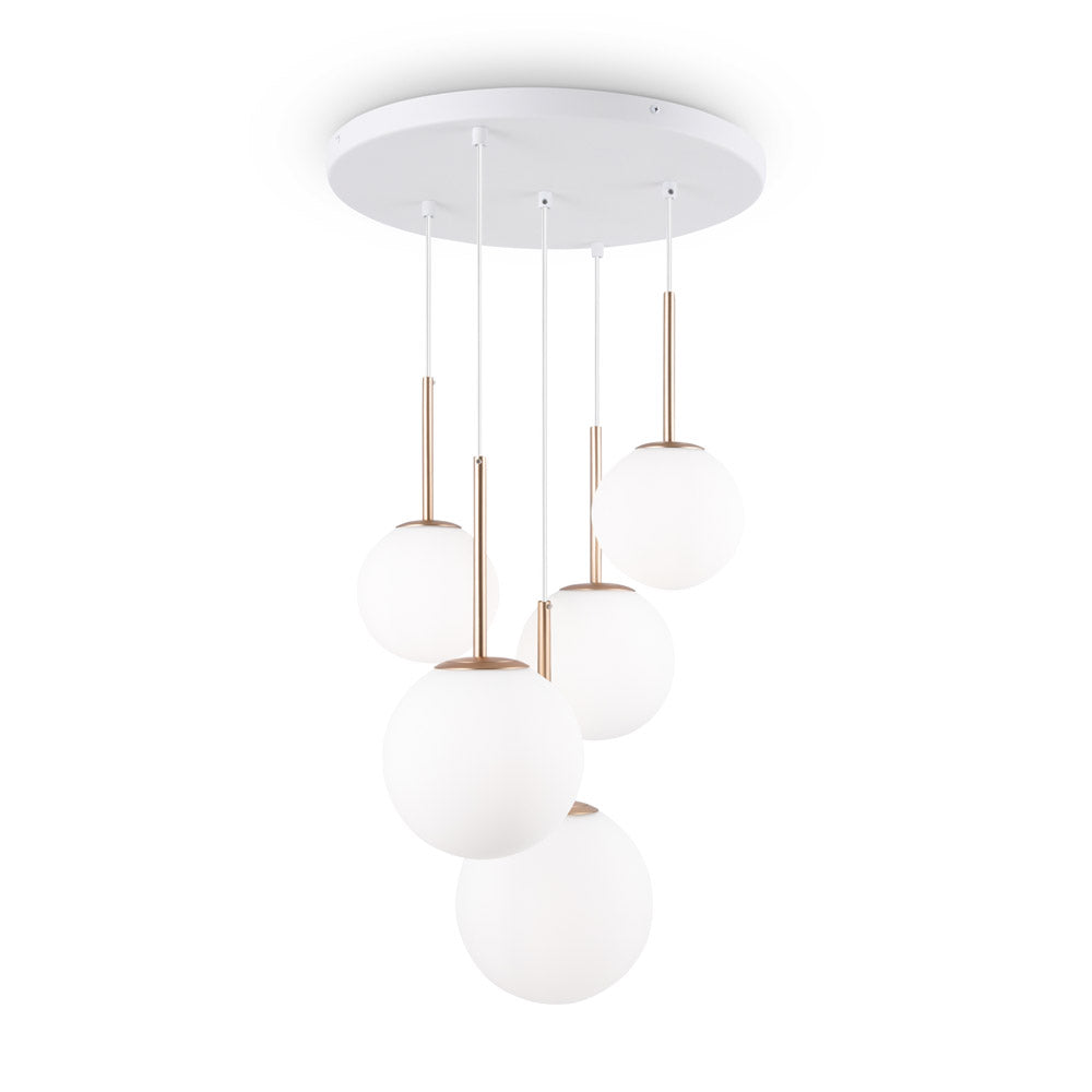 Lampadario Minimal Basic Form Metallo Bianco Oro 5 Luci Diffusori Vetro
