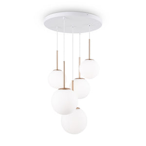 Lampadario Minimal Basic Form Metallo Bianco Oro 5 Luci Diffusori Vetro