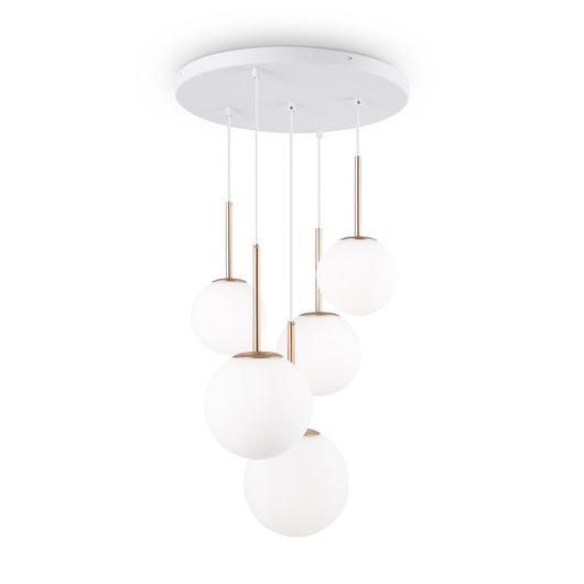 Lampadario Minimal Basic Form Metallo Bianco Oro 5 Luci Diffusori Vetro