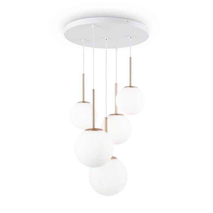 Lampadario Minimal Basic Form Metallo Bianco Oro 5 Luci Diffusori Vetro