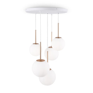 Lampadario Minimal Basic Form Metallo Bianco Oro 5 Luci Diffusori Vetro