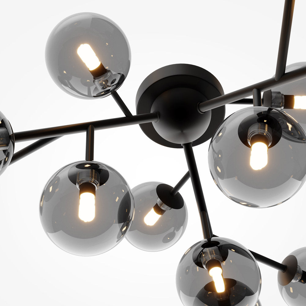 Plafoniera Contemporanea Dallas Metallo Nero 12 Luci Diffusori Vetro  Nero Specchiato