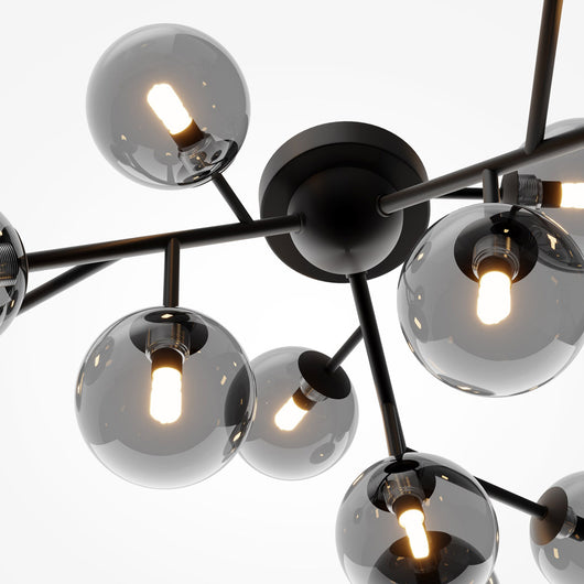 Plafoniera Contemporanea Dallas Metallo Nero 12 Luci Diffusori Vetro  Nero Specchiato