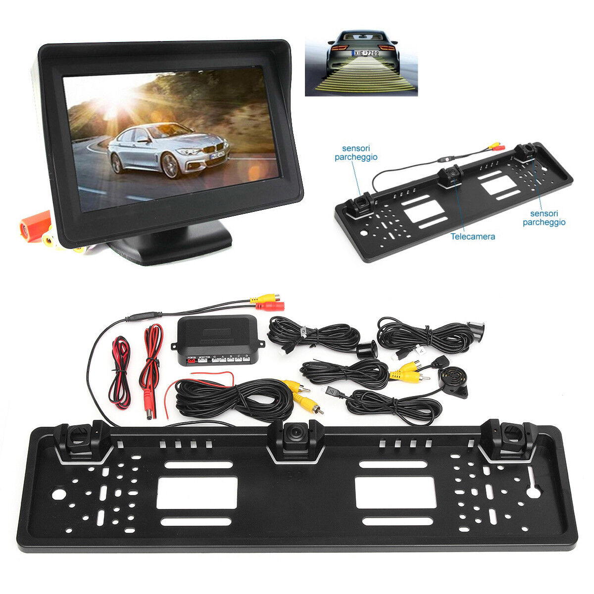 MONITOR PORTATARGA CON TELECAMERA E SENSORI DI PARCHEGGIO MONITOR DA 4.3