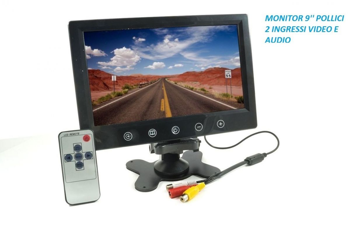 MONITOR TELECAMERA 9 LCD 2 INGRESSI VIDEO RETROMARCIA STAFFA VIDEOSORVEGLIANZA