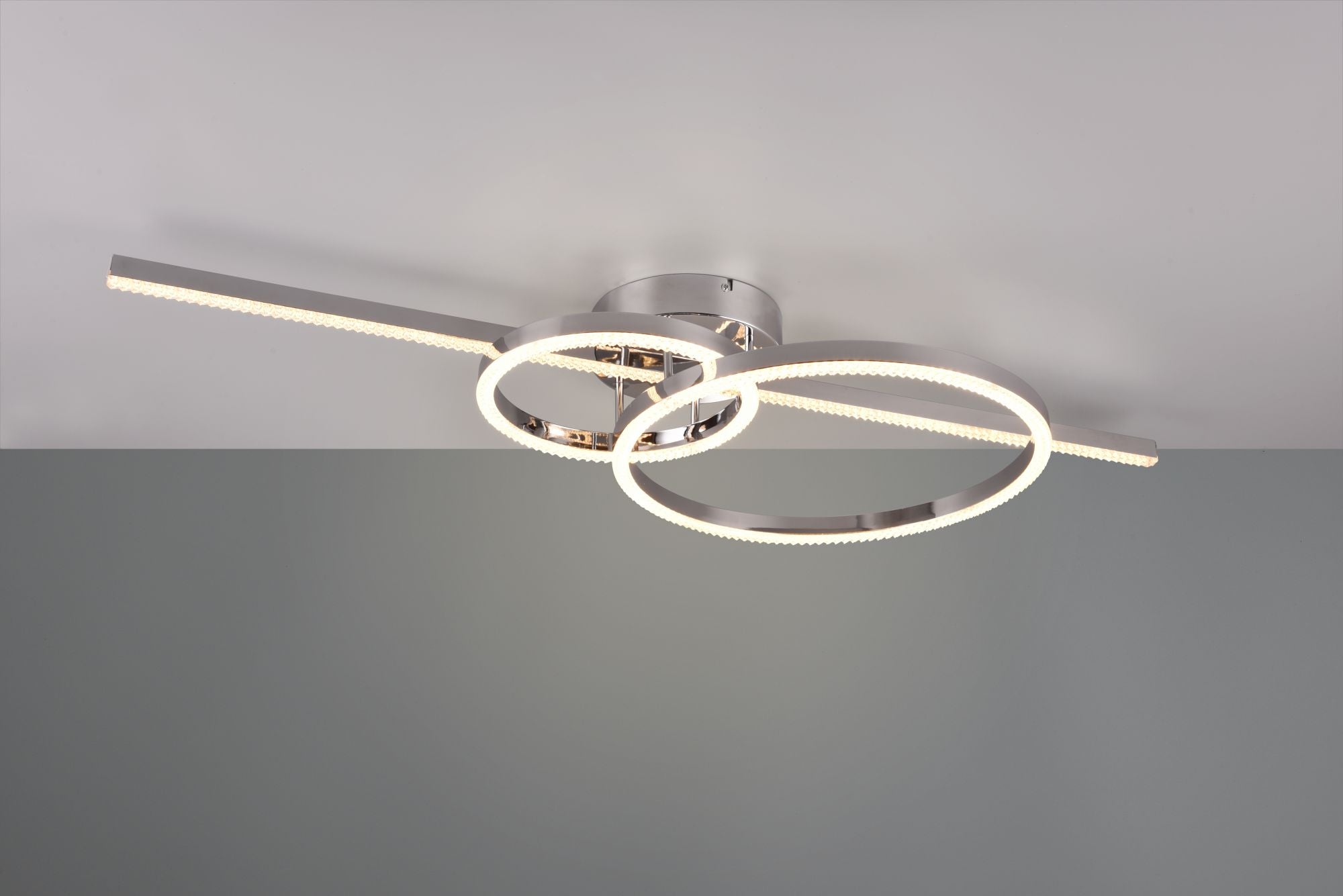 MONTILLA PLAFONIERA BACCHETTA E DOPPIO CERCHIO METALLO CROMATO CON TELECOMANDO MULTIFUNZIONE L. 100CM LED 54W 6300lm, 2700 - 6000K DIMMERABILE