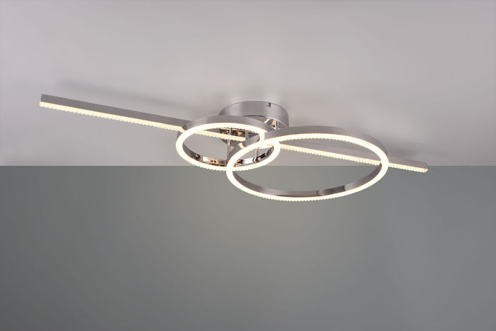 MONTILLA PLAFONIERA BACCHETTA E DOPPIO CERCHIO METALLO CROMATO CON TELECOMANDO MULTIFUNZIONE L. 100CM LED 54W 6300lm, 2700 - 6000K DIMMERABILE