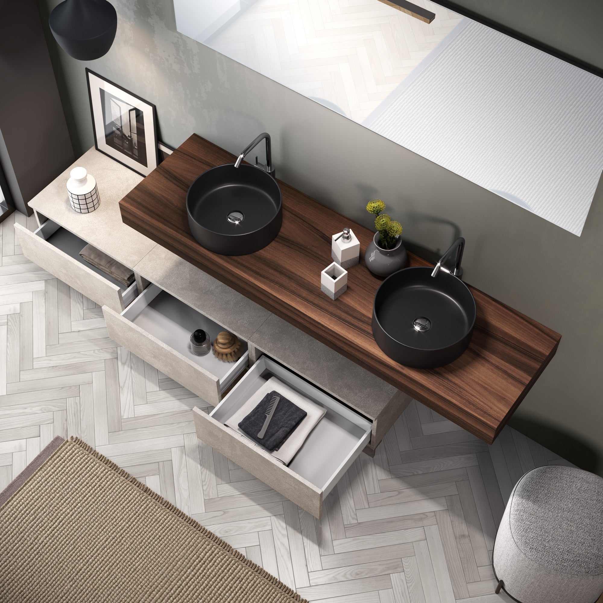 Composizione doppio lavabo 9 pezzi ASTRA noce/avana pietra