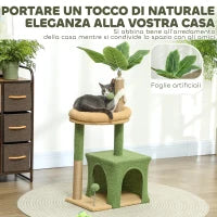 Albero Tiragraffi per Gatti con Casetta, Lettino e 2 Palline, in Legno e Poliestere, 44x30x98 cm, Verde e Marrone