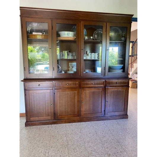 Cristalleria color noce con 8 ante e 4 cassetti in stile classico in legno e mdf con rifinitura in noce lucido 205x42x205 H