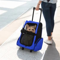 Trasportino Zaino 2 in 1 per Cani e Gatti con Tasche Laterali, Maniglia Telescopica e Ruote, 42x25x55cm, Azzurro