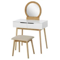 Toeletta Design Scandinavo con Specchio, 2 Cassetti e Sgabello, Bianco e Pino Chiaro