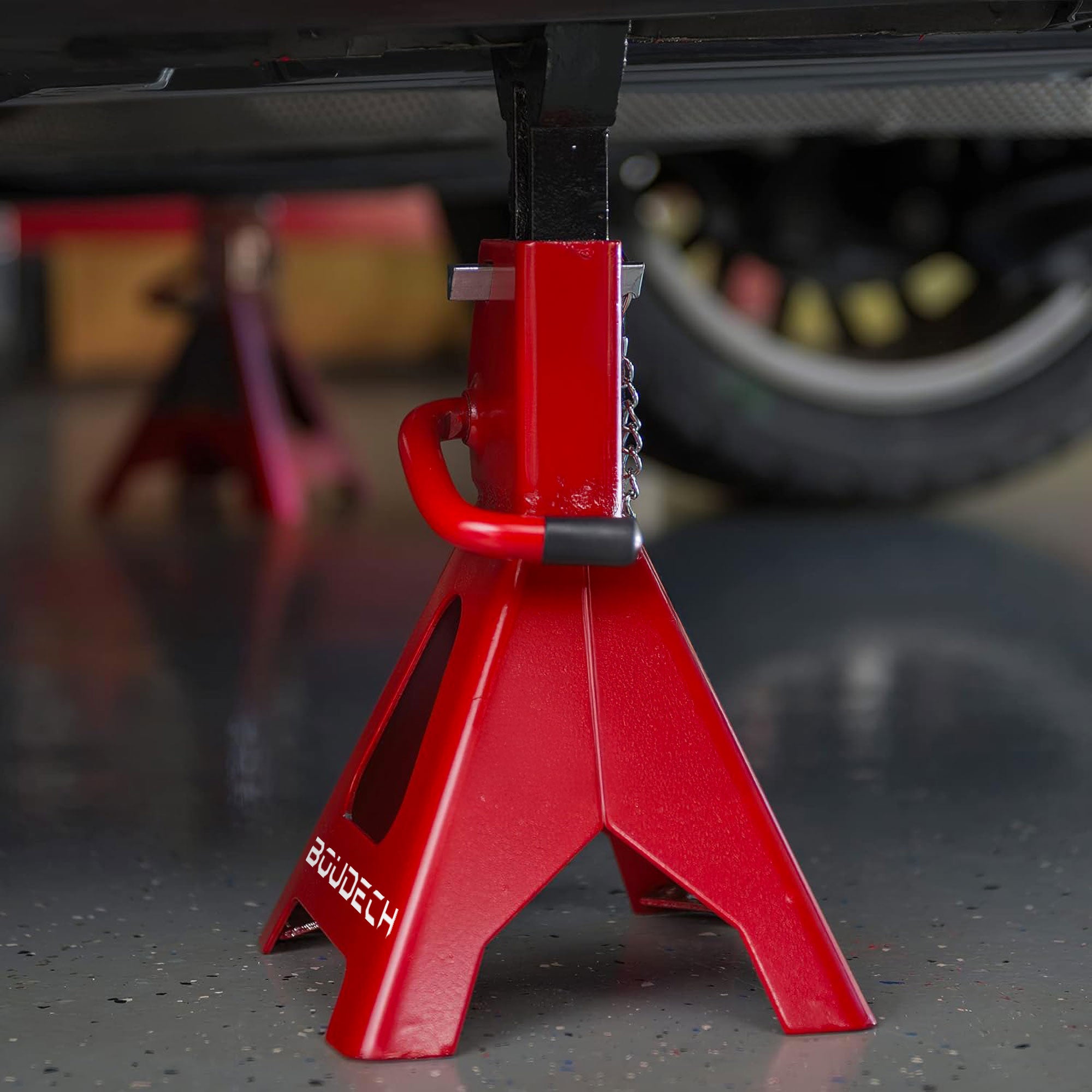 Muscleman - Set 2 Cavalletti per Auto Portata 3000 kg Regolabile in Altezza 28-42 cm Supporto in Acciaio Rosso