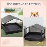 Casetta per Cani Rialzata con Cuscino Sfoderabile, in Rattan PE e Acciaio, 117x85x89 cm, Grigio e Marrone