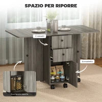 Tavolo a Ribalta a 6 Rotelle con 2 Cassetti e Armadietto ad Ante, in Legno, 120x60x76.5 cm, Grigio