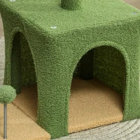 Albero Tiragraffi per Gatti con Casetta, Lettino e 2 Palline, in Legno e Poliestere, 44x30x98 cm, Verde e Marrone