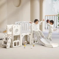 Scivolo Multifunzione 6-in-1 per Bambini con Rampa, Doppia Piattaforma, Armadietti, Canestro e Scala, in Polietilene ad Alta Densità, 174x150x95 cm - Scivolo da Giardino per Bambini, Grigio+Bianco