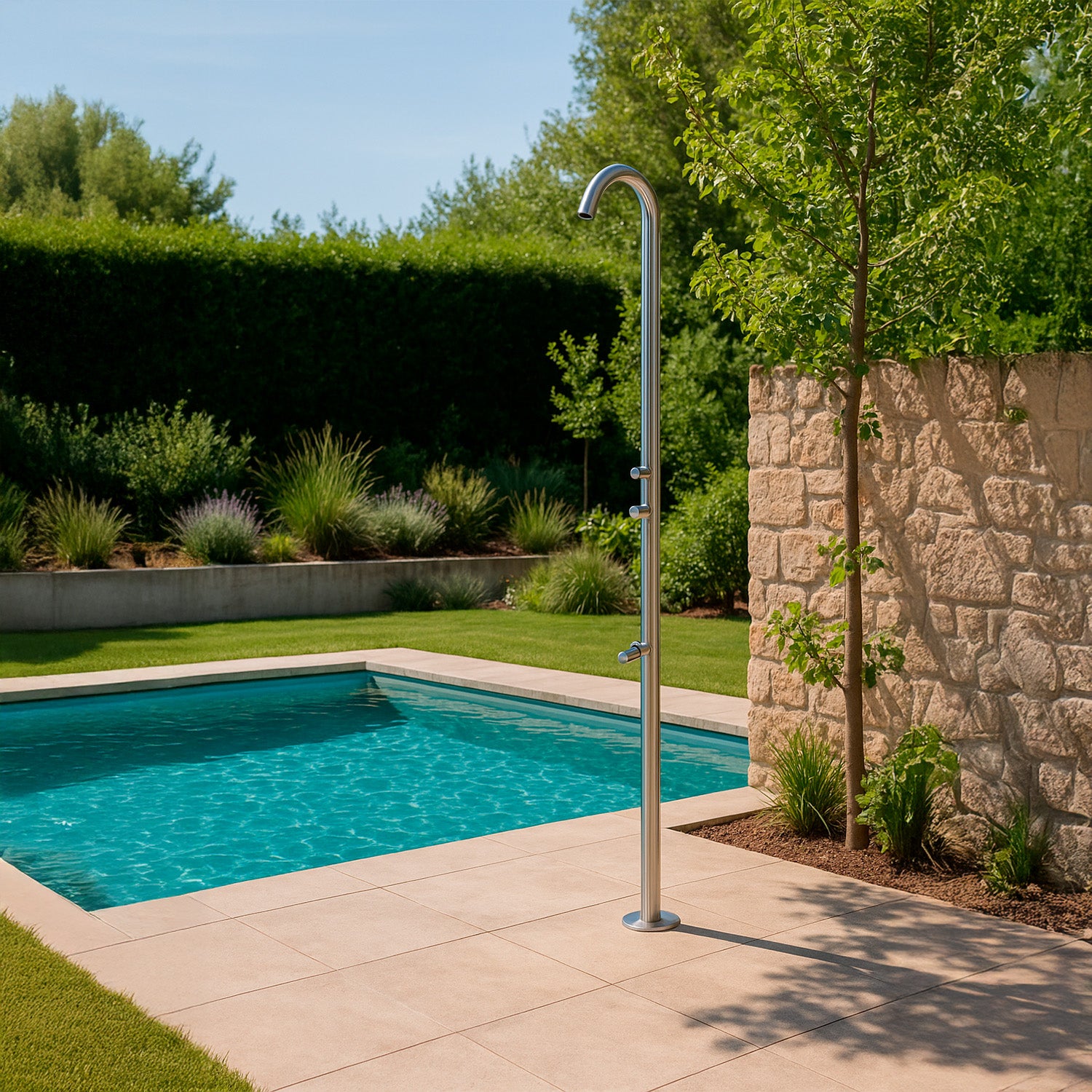 MPC Doccia piscina esterno Inox satinato acciaio inox 316 con deviatore sopra-sotto miscelatore calda-fredda getto lavapiedi acciaio cartuccia ceramica soffione anticalcare MX1002-INOX