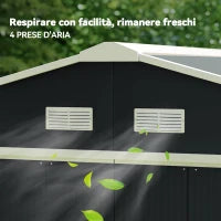 Casetta da Giardino 12.4m² con Fondazione, 4 Prese d'Aria e 2 Porte Scorrevoli, Capanno Porta Attrezzi in Lamiera d'Acciaio, 340x386x200 cm, Giallo