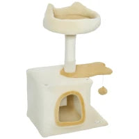 Albero Tiragraffi per Gatti con Posatoio e Casetta, in Legno, Peluche e Sisal, 40x30x72 cm, Beige e Giallo