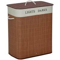 Cesto per Biancheria Bambù da 100L con 2 Scomparti, Coperchio e Maniglie, 52x32x63cm