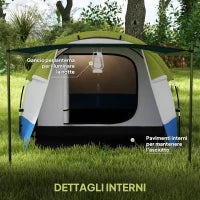 Tenda da Campeggio Impermeabile con 2 Aree e 3 Ingressi, in Poliestere e Fibra di Vetro, 420x200x150 cm, Verde