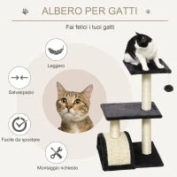 Albero per Gatti a 3 Livelli con Tappetino Tiragraffi ad Arco, in Legno, Peluche e Sisal, 40x35x72 cm, Grigio