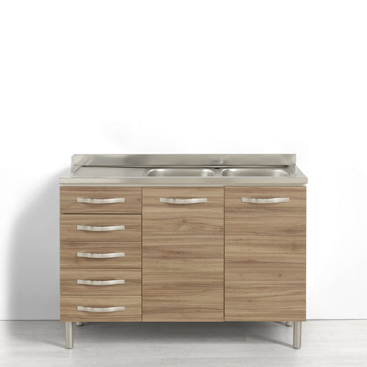 Sotto lavello per cucina componibile da 120 cm con due ante e 4 cassetti (+1 estetico) linea MAKA, realizzata in legno 100% MADE IN ITALY, colore Noce, Vs DX