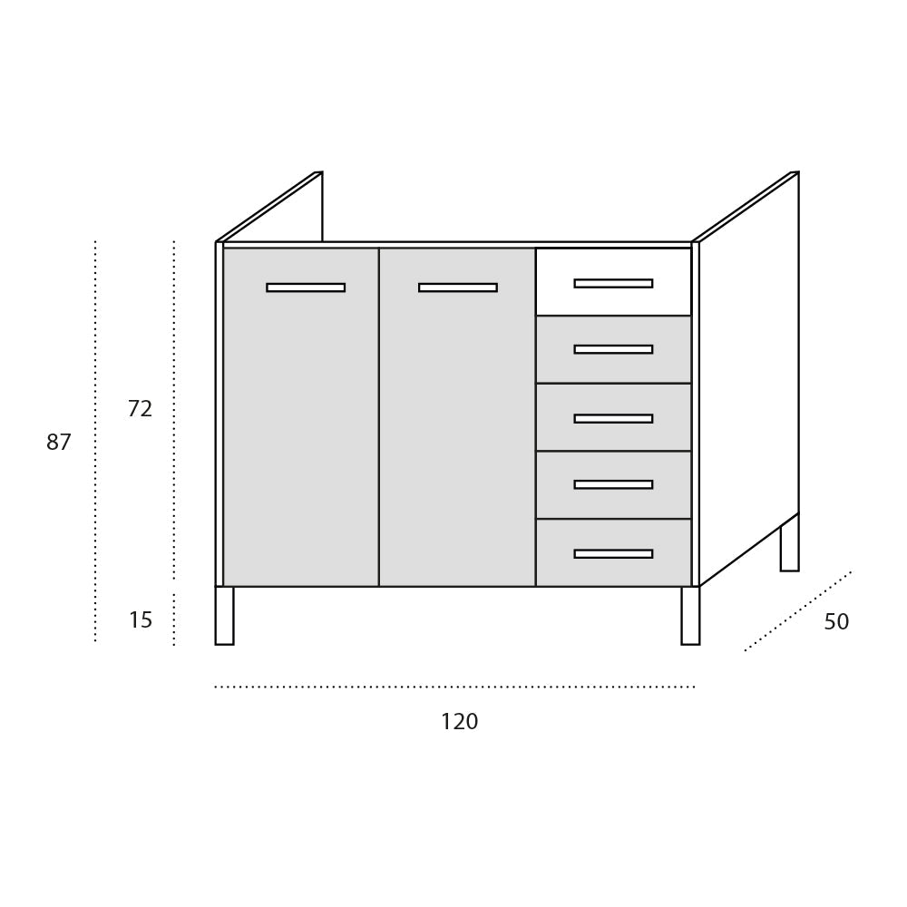 Sotto lavello per cucina componibile da 120 cm con due ante e 4 cassetti (+1 estetico) linea MAKA, realizzata in legno 100% MADE IN ITALY, colore Noce, Vs SX