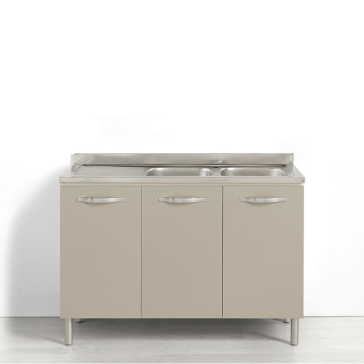 Sotto lavello per cucina componibile da 120 cm con 3 ante linea MAKA, realizzata in legno 100% MADE IN ITALY colore Tortora, senza lavello vasche destra