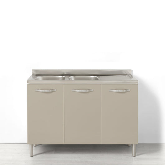 Sotto lavello per cucina componibile da 120 cm con 3 ante linea MAKA, realizzata in legno 100% MADE IN ITALY colore Tortora, con Lavello Vasche a Sinistra