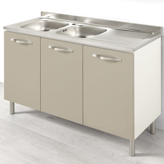 Sotto lavello per cucina componibile da 120 cm con 3 ante linea MAKA, realizzata in legno 100% MADE IN ITALY colore Tortora, con Lavello Vasche a Sinistra