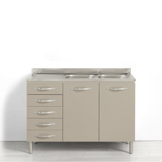 Sotto lavello per cucina componibile da 120 cm con due ante e 4 cassetti (+1 estetico) linea MAKA, realizzata in legno 100% MADE IN ITALY, colore Tortora, Vs DX