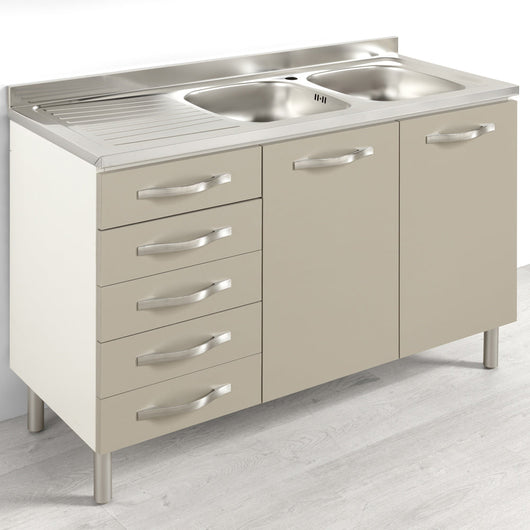 Sotto lavello + Lavello Vs DX per cucina componibile da 120 cm con due ante e 4 cassetti (+1 estetico) linea MAKA, realizzata in legno 100% MADE IN ITALY, colore Tortora