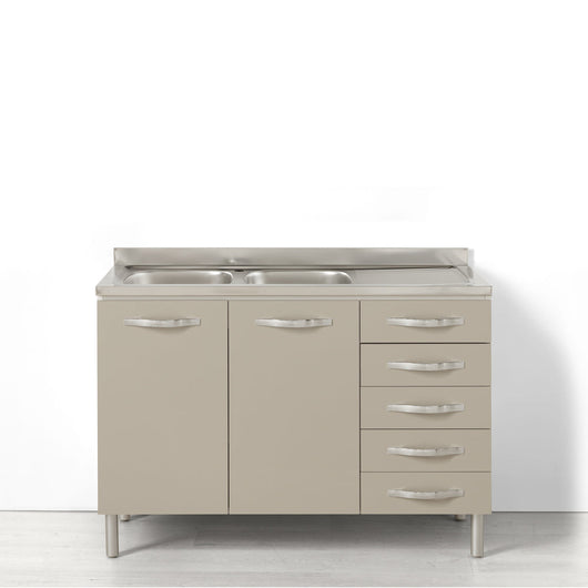 Sotto lavello per cucina componibile da 120 cm con due ante e 4 cassetti (+1 estetico) linea MAKA, realizzata in legno 100% MADE IN ITALY, colore Tortora, Vs SX